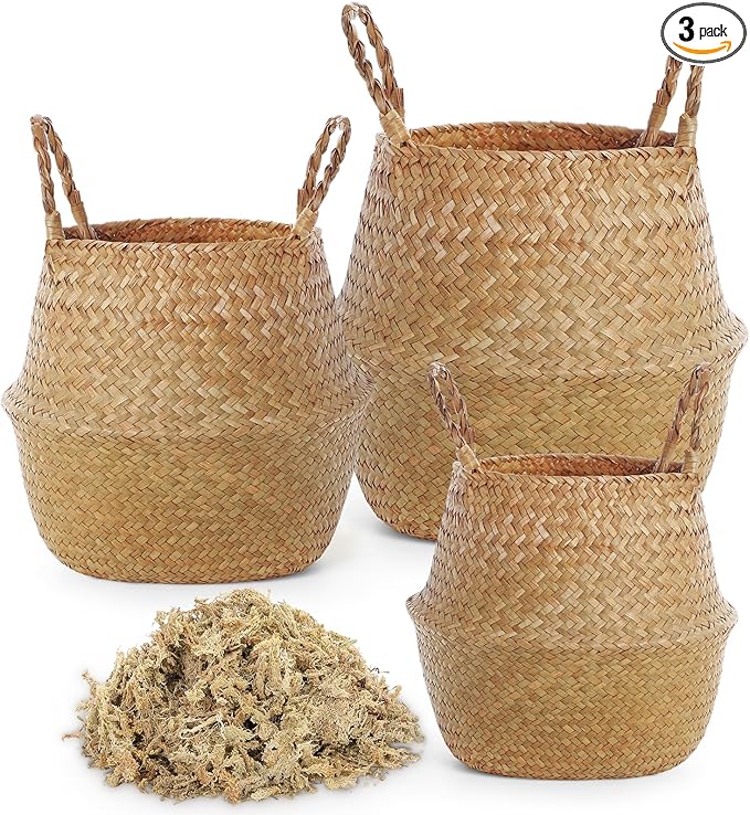 Large Wicker Plant Basket with Handle 10 Inch Woven Seagrass Belly Basket and Artificial Moss for House Plants Picnic Grocery Laundry Storage Home Decor(Small, Medium, Large,Original,3 Pack)