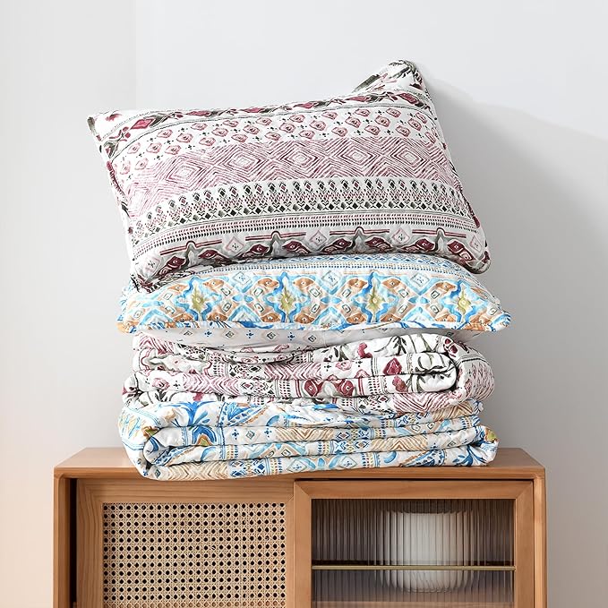 Boho Style Queen Quilt Set Reversible Bohemian Paisley Teal Quilt Beddding Set, Soft and Lightweight Bedspread for All Season, Full Size Bed Coverlet with 2 Matching Pillow Shams (3 Pieces)