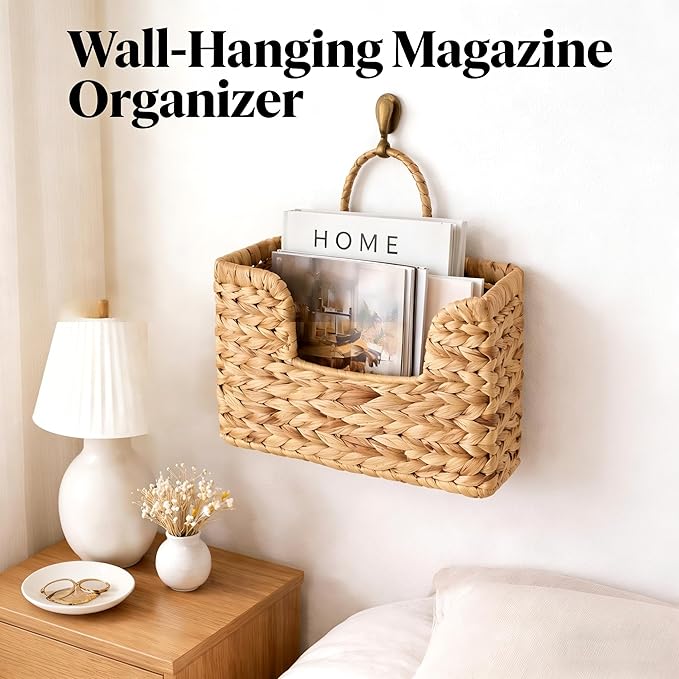 Woven Water Hyacinth Wall Basket - Hanging Magazine Holder & Mail Organizer, Natural Wicker Wall Storage Pocket for Files, Books, Entryway & Office Decor