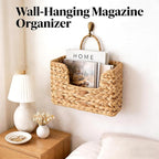 Woven Water Hyacinth Wall Basket - Hanging Magazine Holder & Mail Organizer, Natural Wicker Wall Storage Pocket for Files, Books, Entryway & Office Decor
