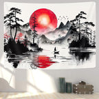 Japanese Red and Black Forest Tapestry, Anime Mountain Tree Sun Aesthetic Tapestry Wall Hanging for Men, Cool Asian Dark Nature Landscape Tapestries Ink Art Decor for Living Room College Dorm, 60X40IN