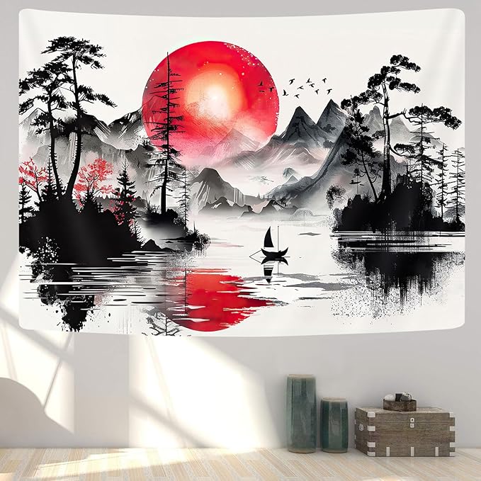 Japanese Red and Black Forest Tapestry, Anime Mountain Tree Sun Aesthetic Tapestry Wall Hanging for Men, Cool Asian Dark Nature Landscape Tapestries Ink Art Decor for Living Room College Dorm, 80X60IN