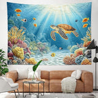 HVEST Blue Ocean Sea Turtle Tapestry Coastal Under the Sea Tropical Fish Coral Wall Tapestry for Bedroom Underwater World Sea Life Tapestries Wall Art Decor for Living Room Dorm, 60L x 80W Inches