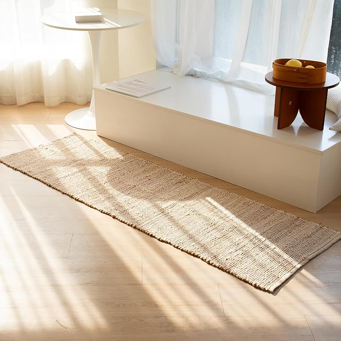 Jute-Cotton Rug 2x6 – Natural Hallway Runner with Non-Slip Backing, Low-Profile Kitchen Rug for Entryway, Boho Decor, or High-Traffic Areas – Eco-Friendly 2x6 Jute Cotton