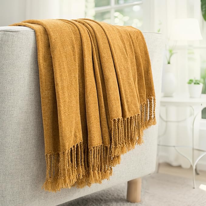 Chenille Throw Blanket for Couch with Tassels,60"X80" Soft Lightweight Knitted Boho Decorative Blankets for Bed and Sofa,Mustard Yellow