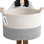 115L Large Blanket Basket,23.6" L x 23.6" W x 15.7" H Rope Woven Baskets with Handles, Toys Storage Bins,Laundry Basket Perfect for Living Room, Nursery,Bedroom,Home Organization,White&Grey