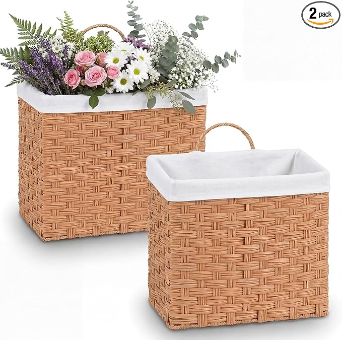 Novabright Set of 2 Wicker Hanging Basket Woven Wall Baskets with Handles Liners for Front Door Organizing Mail Flowers Wall Storage Basket for Farmhouse Home Decor Kitchen Bathroom Toilet Tank Top