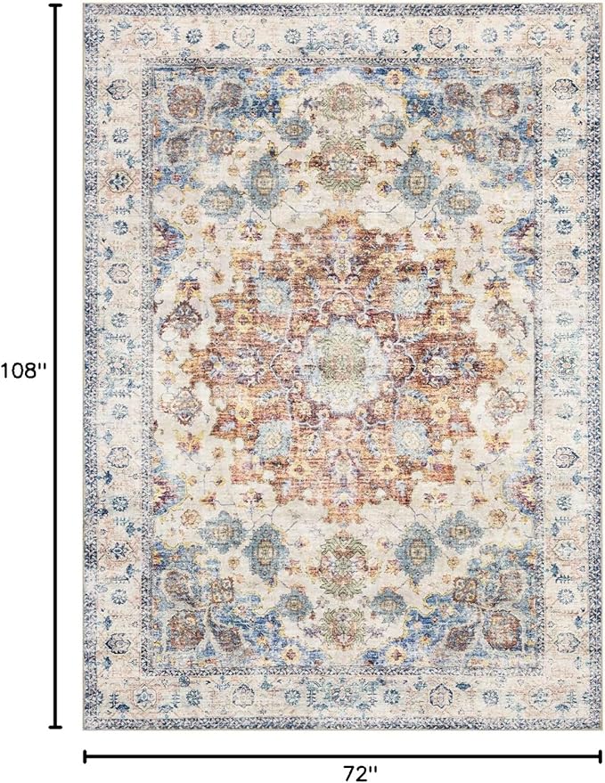 Area Rug 6×9, Large Vintage Boho Rug,Ultra-Soft Low Pile, Washable, Non Slip,Stain Resistant, Printed Carpet for Living Room Bedrooms Playroom Office Kitchen, Blue/Red