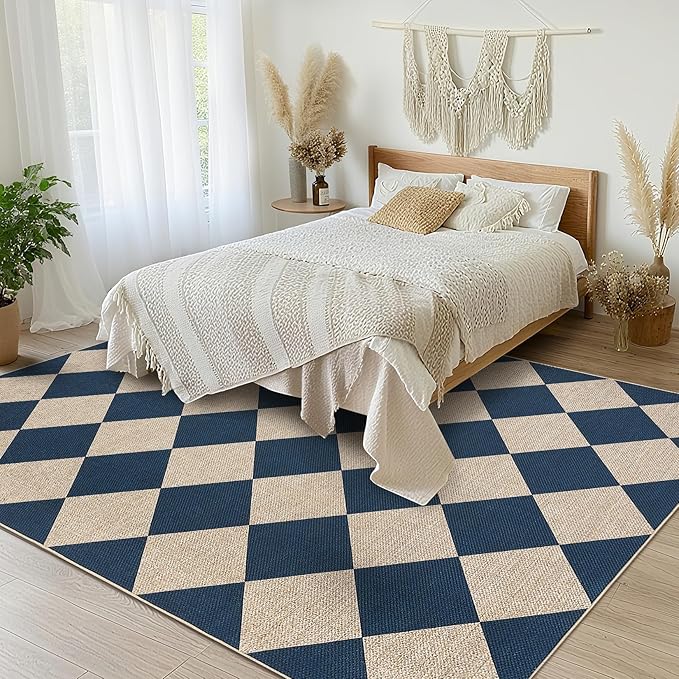 GarveeHome Checkered Easy Jute 3x5 Entryway Rug Machine Washable Outdoor Patio Rug Non-Slip Backing Checkerboard Indoor Outdoor Carpet for Hallway Bathroom Kitchen Bedroom Navy Blue