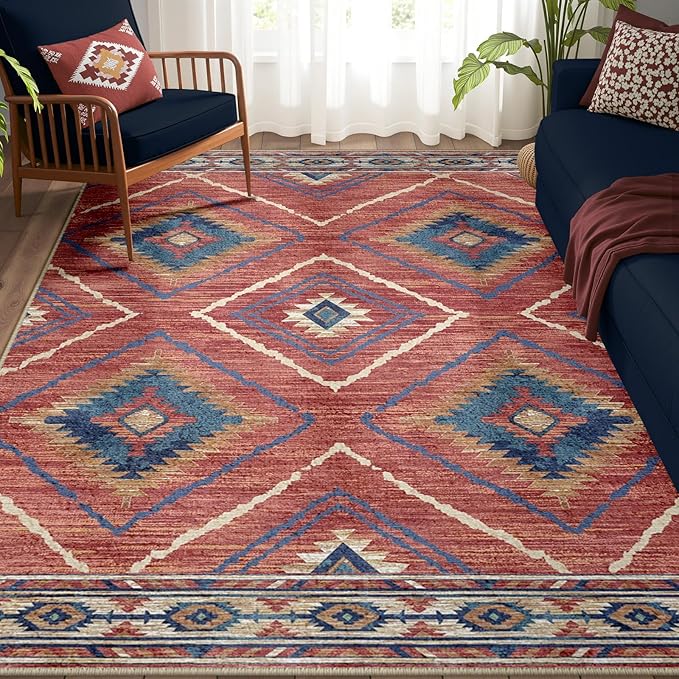 Area Rug 6x8 Rug Machine Washable Non-Slip Low Pile Print Pattern Western Rug for Living Room Bedroom Entryway Tribal Series-Red/Orange