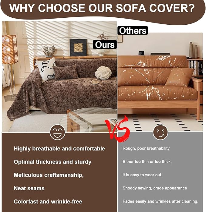 ROOMLIFE Brown Sofa Cover, Vintage Boho Couch Cover for 3 Cushion Sofa, Soft Chenille Sofa Cover for Dog, Washable Furniture Sofa Protector Cover Blanket with Tassel for Living Room, 71 '' X 134''