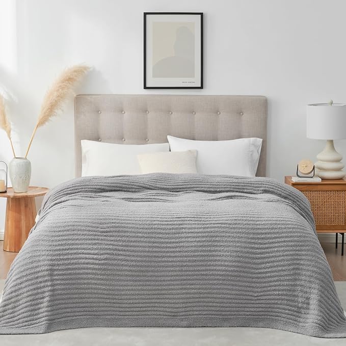 Snuggle Sac Queen Size Blue Blanket for Bed, Soft Luxurious Bedding Blankets, Large Fuzzy Plush Microfiber Blankets, Grey, 90x90 inches