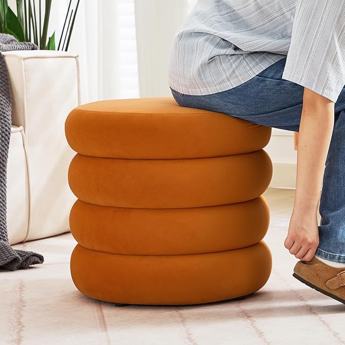 Compact Round Ottoman with Storage, Small Velvet Vanity Stool for Dorm, Modern Tufted Circle Ottoman with Removable Lid for Entryway and Lounge, Orange