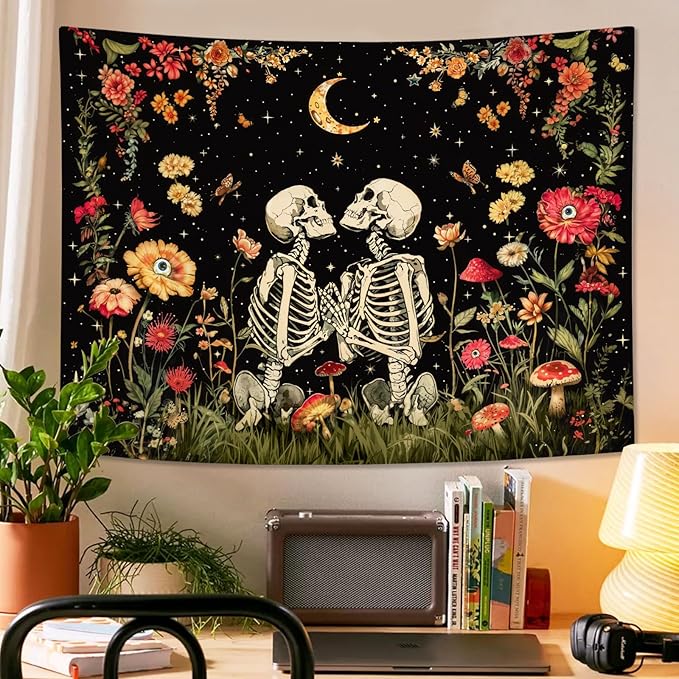 Wegklazax Floral Skeleton Lovers Tapestry Aesthetic Skull Gothic Tapestry for Bedroom The Lovers Wall Hanging for Bedroom Living Room Skull 70×90 Inches