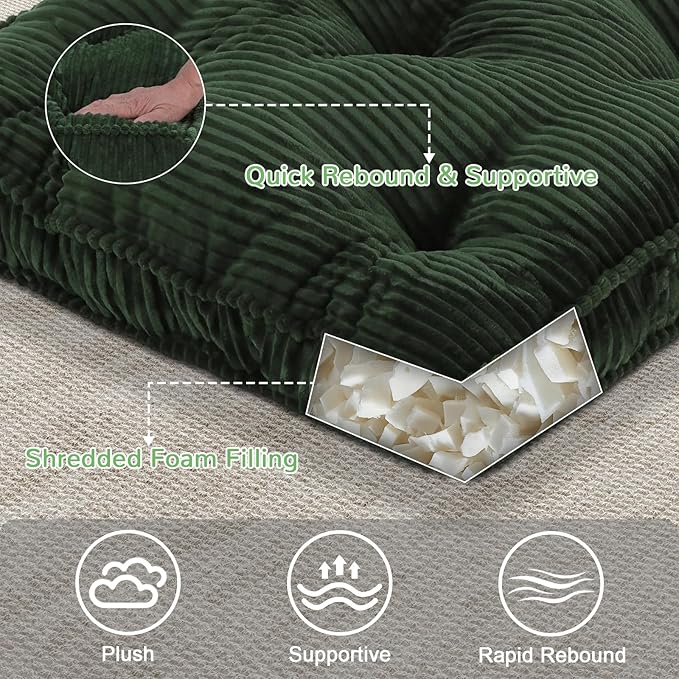 Floor Pillow Set of 2, 24x24 Tufted Floor Cushion for Adults, Square Large Meditation Cushion Pillow, Green Corduroy Sitting Pillow with Handle, Yoga Seating for Tatami