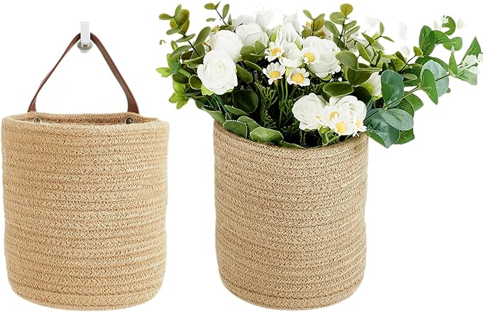 2pack Small Hanging Basket-Cotton Rope Wall Basket with Handle, Hanging Storage Baskets, Shelf Baskets Storage Bin Closet Organizer - 6.3" x 7", Woven Plant Basket (Jute)