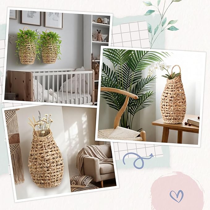Chunful 2 Pcs Water Hyacinth Hanging Wicker Basket, Natural Wicker Decorative Baskets, Handmade Woven Storage Organizer for House Garden Wedding Wall Decorations, Large Size