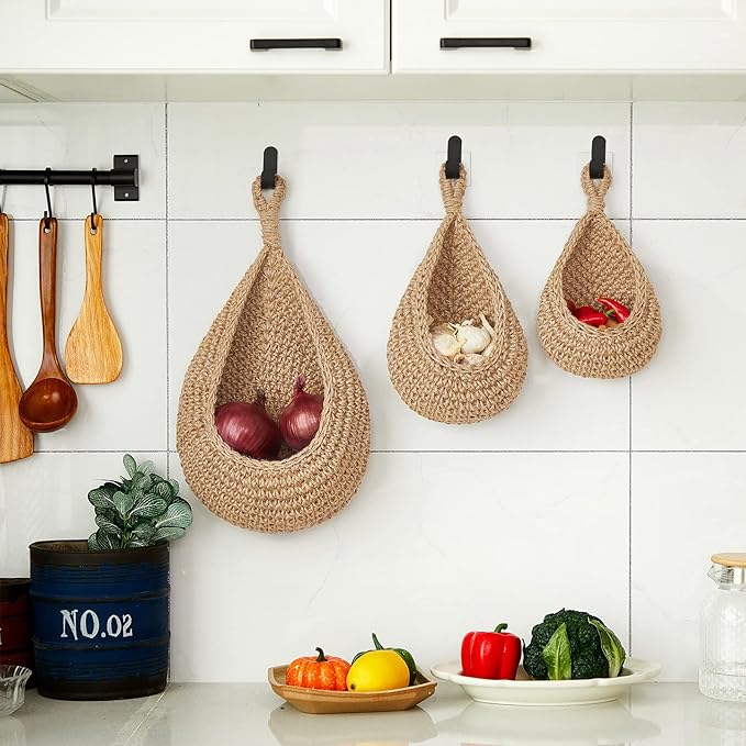 Honeydak Boho Decor Hanging Wall Baskets for Kitchen 3 Pack Teardrop Baskets with Hooks Storage Fruit Onion Vegetable Potato for Home 3 Sizes(Light Linen,Teardrop,Cotton Rope)