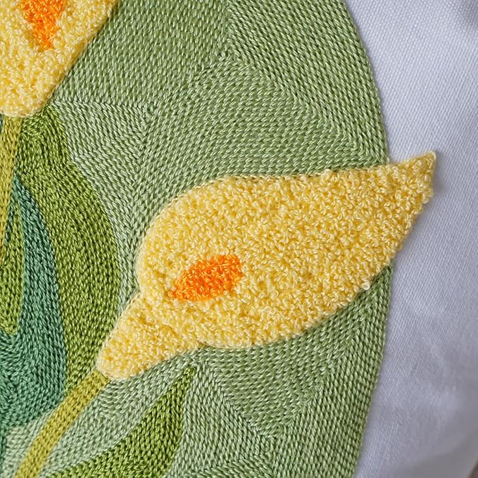 vctops Farmhouse Calla Lily Cotton Tufted Throw Pillow Cover Spring Floral Embroidery Pillowcase Soft Square Cushion Case for Sofa Couch Bed Chair (Yellow C,18"x18")