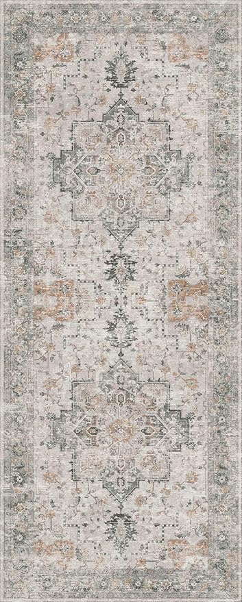 GENIMO Runner Rug 3x8, Non Slip Vintage Hallway Runner Rugs, Low Pile Lightweight Machine Washable Mat for Hallway, Entryway, Bedroom, Kitchen and Corridor, Light Taupe Brown