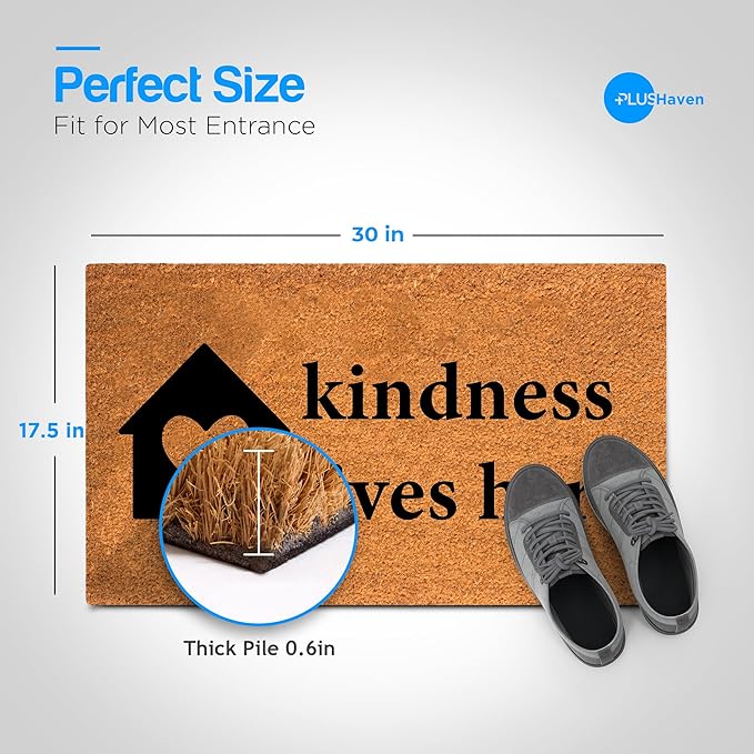 PLUS Haven Coconut Coir Home Entrance Door Mat – 17.5" x 30" | Kindness Lives Here Heavy-Duty Doormat for Indoor & Outdoor Use | Eco-Friendly & Durable