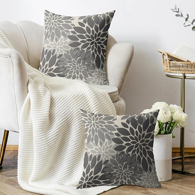 Grey Gray Pillow Covers 16X16 Inch Set of 2, Dahlia Flower Spring Summer Floral Cream Decorative Throw Pillow Covers Outdoor Modern Farmhouse Cushion Case for Home Couch Sofa Bed Decor