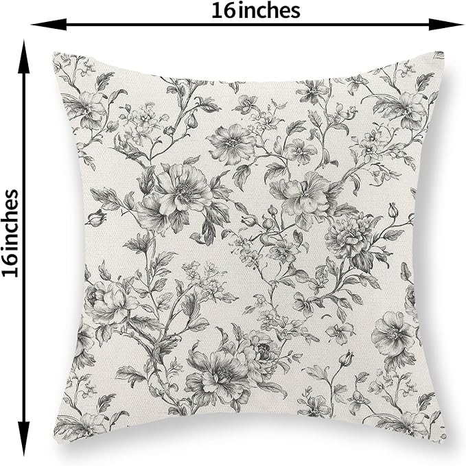 Black and Cream Pillow Covers 16x16 Set of 2 Vintage Floral Chinoiserie Throw Pillows Rustic Toile Flower Decorative Pillow Cases Outdoor Chinoiserie Decor Linen Cushion Case for Couch Sofa