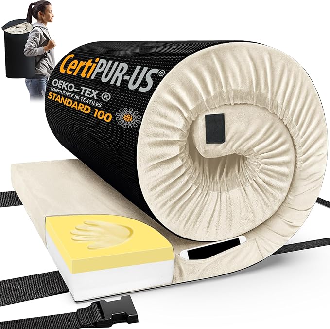 CYMULA Memory Foam Camping Mattress Pad, CertiPUR-US Sleeping Mat, Portable Roll Up Mattress for Adults, Camping Bed Pads for Sleepover, Car Bed with Travel Bag