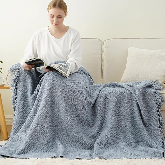 BATTILO HOME Blue Grey Throw Blanket for Couch, Chenille Knit Throw Blankets, Super Soft Dusty Blue Throw Blanket with Tassels for Bed,Sofa and Living Room,50" x 60"