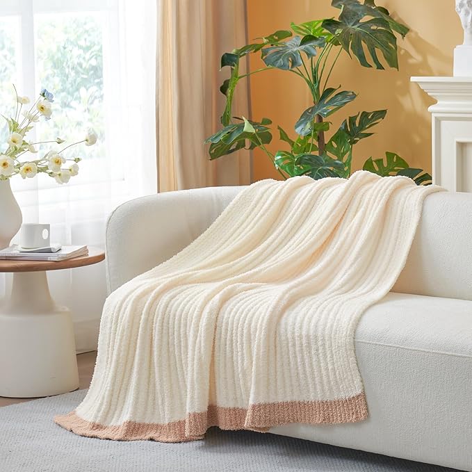Snuggle Sac Fluffy Ribbed Cream Blanket Twin Size, Soft Luxurious Knit Throws, Fuzzy Plush Microfiber Blankets for Couch, Sofa, Bed, Cream, 60x80 inches