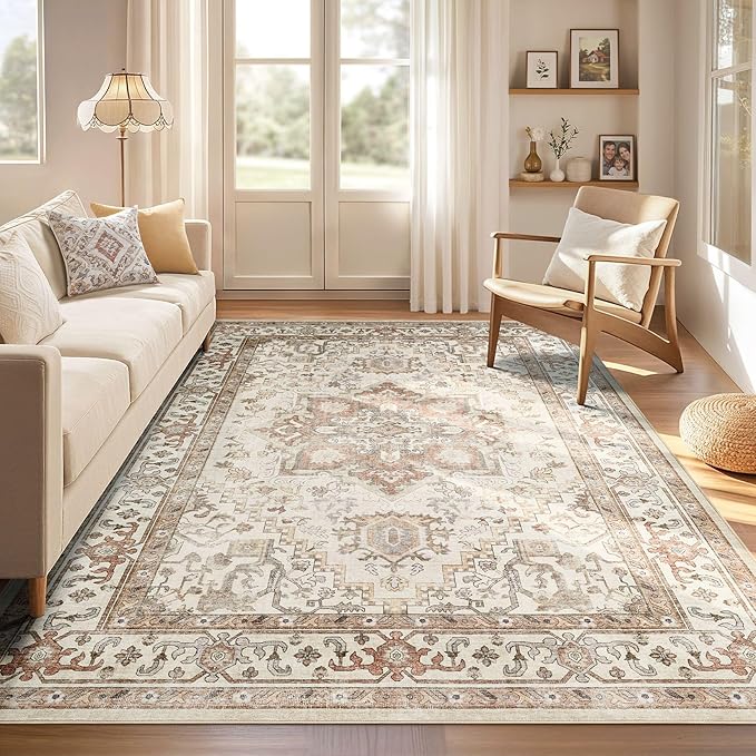 Washable Rug 12x15 Area Rugs: Boho Vintage Distressed Oriental Medallion Neutral Thin Large Rug Carpet for Living Room Bedroom Dining Room Home Office Decor - Beige