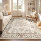 Washable Rug 10x14 Area Rugs: Boho Vintage Distressed Oriental Medallion Neutral Thin Large Rug Carpet for Living Room Bedroom Dining Room Home Office Decor - Beige