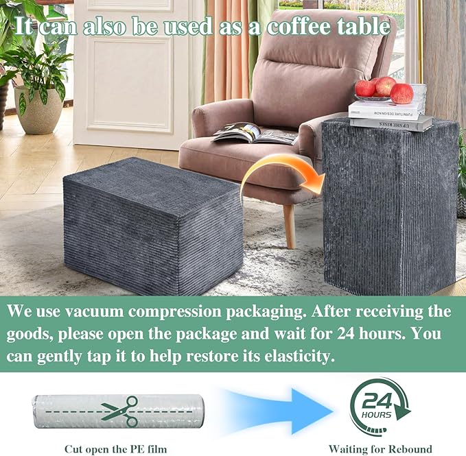 Rectangular Pouf Ottoman, Stuffed Floor Pouf with Foam Chunk Filling, Soft Coral Fleece Furry Foot Rest Stool, Multi-Use Ottoman for Living Room, Wide Stripe Boho Decor, Dark Grey