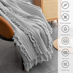 Ultra Soft Pre-Washed Quilted Boho Grey King Size Blankets for Bed, Ruffle Fringed Decorative Throw, Stone Washed Chic Rustic Blanket for Sofa Couch Bed, 104"*90"