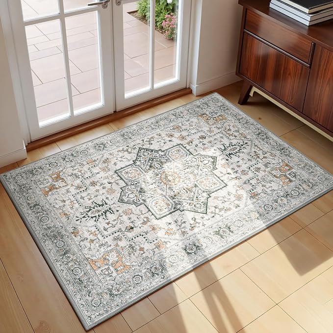 Lessymo Washable 2×3 Small Area Rugs for Entryway Bathroom, Soft Kitchen Rug Non-Slip Carpet Indoor Door Mat for Floor, Vintage Boho Low Pile Rugs for Entry Bedroom Nursery Home, Grey/Brown