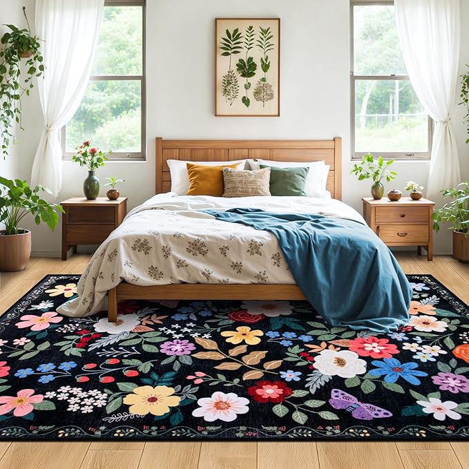 Area Rug Living Room Rugs: Floral 4x6 Washable Rug Vintage Soft Boho Non-Slip Carpet Indoor Floor Stain Resistant Large Carpets for Bedroom Dining Room Farmhouse Nursery Hallway Home Office Black