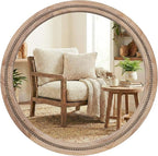 36" Large Round Wood Mirror for Living Room Fireplace, Big Solid Wood Wall Mirror - Oversized Boho Beaded Circle Mirror for Entryway Console & Dining Room