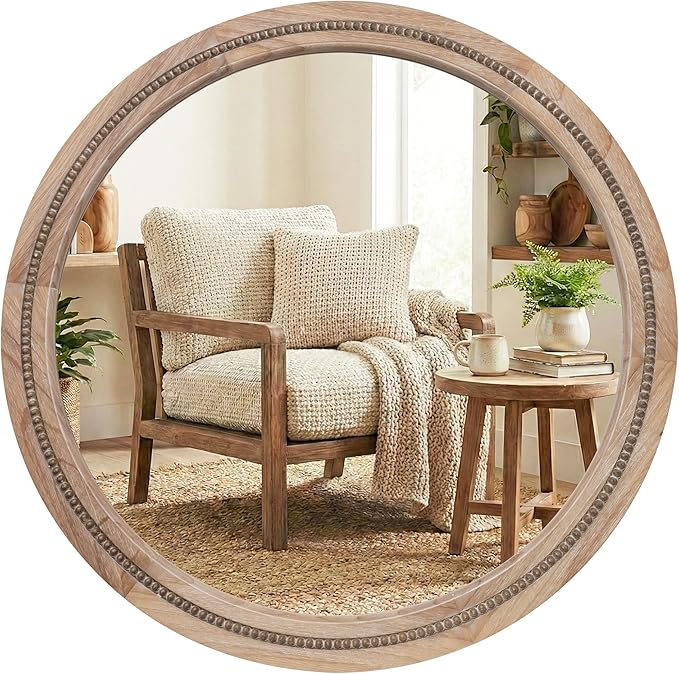 30" Round Solid Wood Mirror for Bathroom Vanity, Handcrafted Beaded Circle Wall Mirror - Natural Boho Farmhouse Decor for Entryway & Bedroom