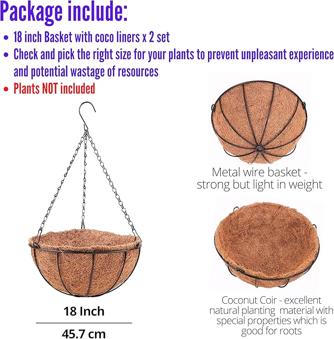 LaLaGreen Hanging Baskets for Plant Outdoor (18 Inch, 2 Pack) Extra Large Black Metal Wire Hanging Planter with Coco Liner Round Flower Pot Holder Hanger Deck Porch Modern Garden Balcony Country Decor