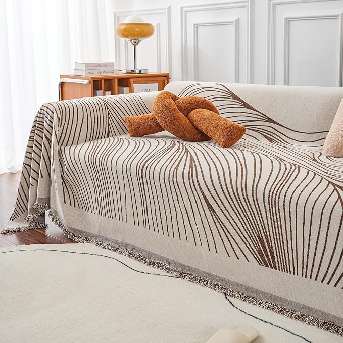 VClife XXL Sofa Cover Chenille Couch Cover for 3 Cushion Couch Sofa, Modern Beige Chocolate Striped Couch Covers for Kids Washable Sectional Sofa Protector with Tassel 71"X150"