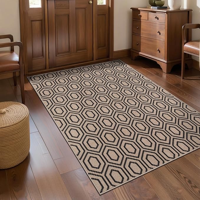 Tangsoo Easy Jute Rug 3x5 for Entryway,Geometric Non-Slip Washable Indoor Outdoor Door Carpet,Farmhouse Ultra Thin Small Throw Mat for Kitchen Bedroom Front Door Patio Blacony