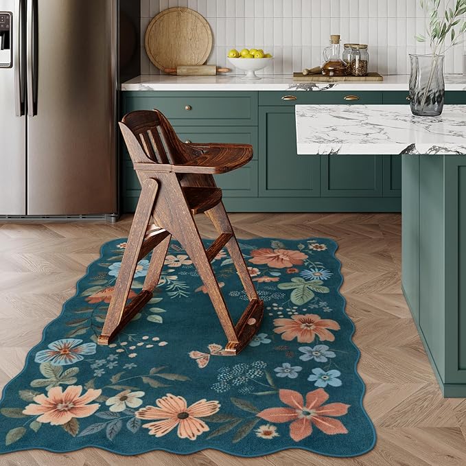 Lahome Floral Machine Washable Rug, 3x5 Rug Non Slip Soft Bedroom Rugs for Entryway Dorm, Ultra-Thin Boho Rugs for Living Room Throw Carpet for Nursery Entrance Flore, Navy Blue