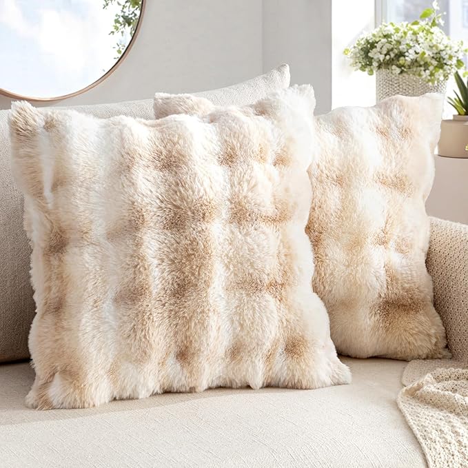 MIULEE Faux Fur Pillow Covers Thick Soft Plush Throw Pillows Luxury Spring Home Decor for Couch Bed Bedroom Living Room Sofa,18x18 Inch Pack of 2 White-Beige