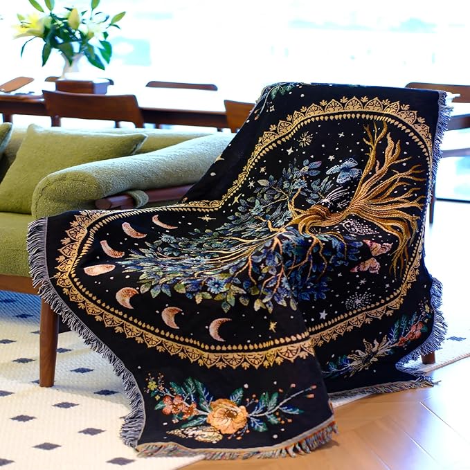 Tree of Life Woven Throw Blanket Mandala Boho Chic Decor Life Tree Reversible Cute Cotton Boho Throw Blanket Witchy Throws Blankets with Tassels Bohemian Room Decor Luxury Christmas Throws 51”x59”