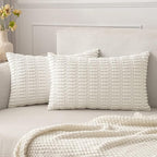 MIULEE Pack of 2 Corduroy Decorative Lumbar Throw Pillow Covers 20x12 Inch Soft Boho Striped Pillow Covers Modern Farmhouse Home Decor for Sofa Living Room Couch Bed Pure White