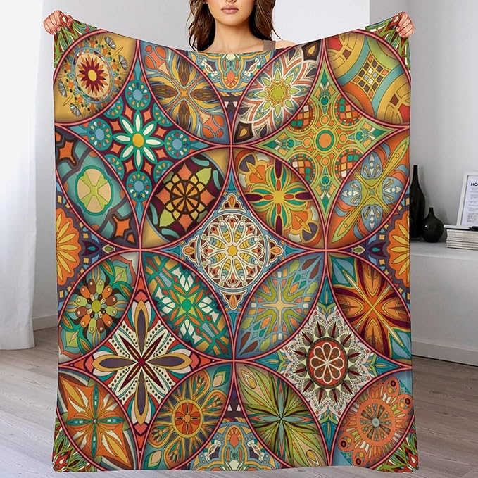 Boho Floral Throw Blanket Colorful Mandala Bohemian Indian Hippie Vintage Blanket for Sofa Bed Couch Chair or Dorm 50"x60"