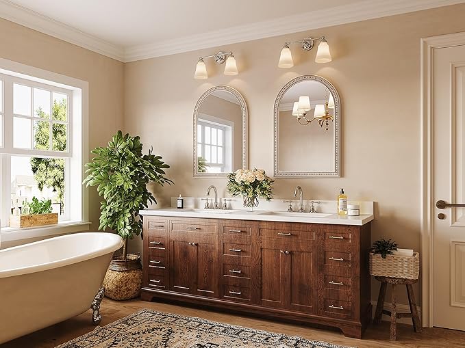 Farmhouse Arched Wall Mirror, 24" x 36" Arched Boho Mirror with Beaded, Arch Rustic Wooden Frame Decorative Wall Mirrors for Bathroom, Vanity, Living Room, Entryway