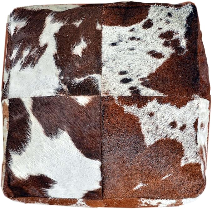 Unstuffed Premium Hair-on Leather Ottoman Pouf Cover, Boho Handmade Genuine Cowhide Square Footstool, Modern Cube Ottoman Footrest for Home Decor Living Room, Bedroom - 18X18 Inch, Tan & White