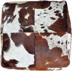 Unstuffed Premium Hair-on Leather Ottoman Pouf Cover, Boho Handmade Genuine Cowhide Square Footstool, Modern Cube Ottoman Footrest for Home Decor Living Room, Bedroom - 18X18 Inch, Tan & White