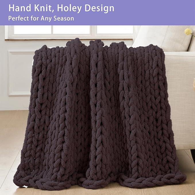 Bigacogo Chunky Knit Throw Blanket for Couch, 40x40 inches, 100% Hand Knitted with Thick Jumbo Chenille Yarn, Cozy Soft Large Rope Knot Cable Crochet Blankets for Sofa Bed Living Room, Chocolate
